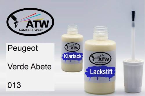 Peugeot, Verde Abete, 013: 20ml Lackstift + 20ml Klarlack - Set, von ATW Autoteile West.